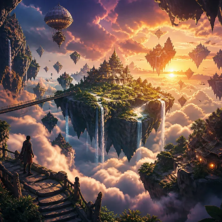 Surreal floating islands at sunset, made with the AI image generator