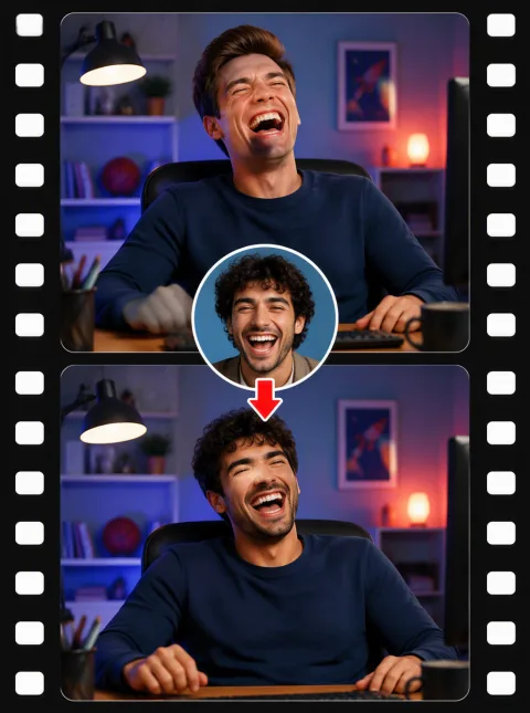 Animated face swap keyframe showing a GIF face swap on a laughing reaction clip