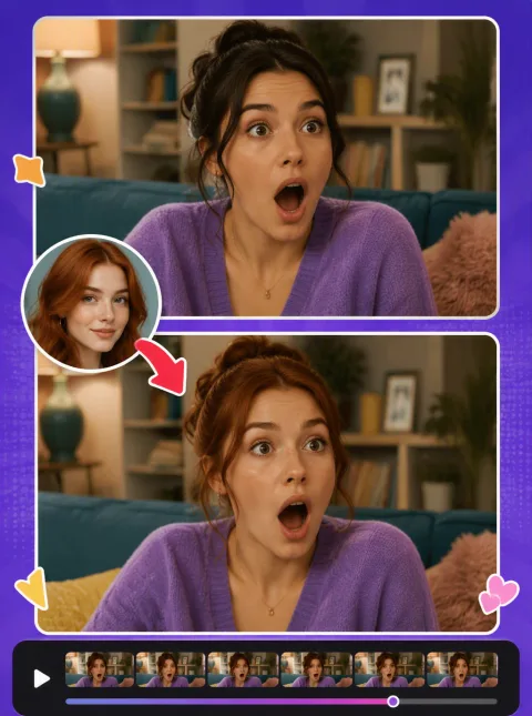 Meme face swap keyframe where a new face replaces the original in a trending GIF
