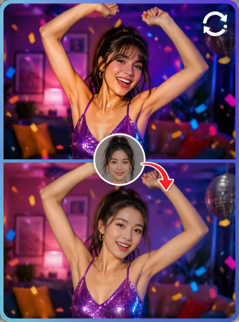 Animated face swap keyframe of a dance GIF with the face swapped across motion