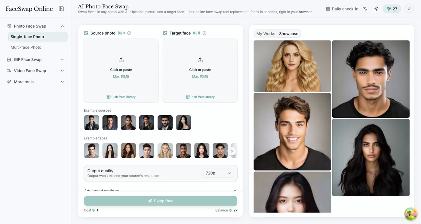 The AI Photo Face Swap tool: upload a source photo and a target face