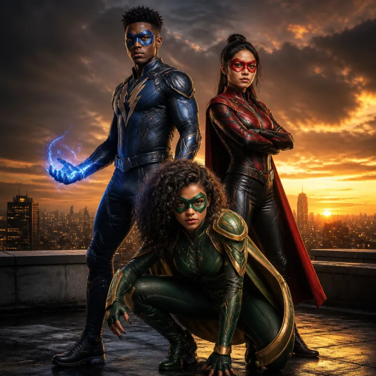 Multiple face swap example turning three friends into a superhero team